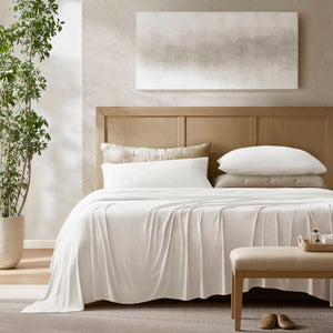 JLA Home Harbor House - Stretch Jersey Sheet Set – Cooling, Moisture‑Wicking 4‑Way Stretch Knit for Hot Sleepers, OEKO‑TEX Certified White HHD20-1896