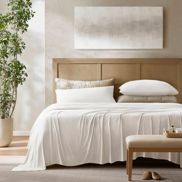 JLA Home Harbor House - Stretch Jersey Sheet Set – Cooling, Moisture‑Wicking 4‑Way Stretch Knit for Hot Sleepers, OEKO‑TEX Certified White HHD20-1896