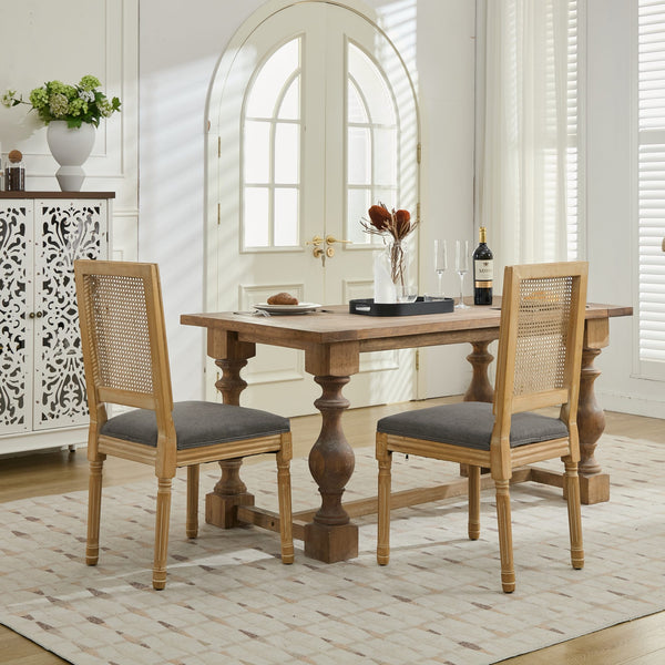 English Elm French Louis Dining Chair Set of 2 with Rattan Square Backrest, Carved Solid Wood Frame, Cushioned Elegance Gray W1143P335057