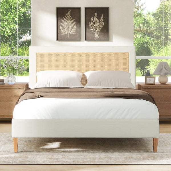 English Elm Jennifer Taylor Home - Haley Upholstered Cane-Back Platform Bed - Elegant Antique White Design For Stylish Bedrooms B2719P238201