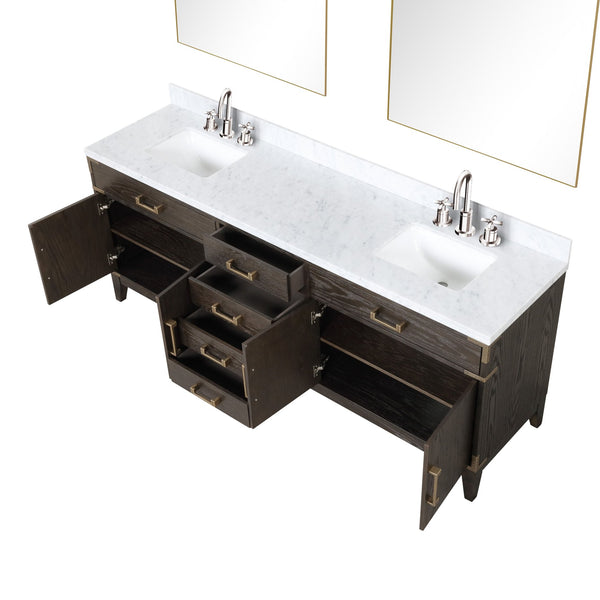 English Elm Brown Oak Double Bath Vanity Set With Carrara Marble Top, Chrome Faucets & 36" Mirrors - Elevate Style! B2731S01878