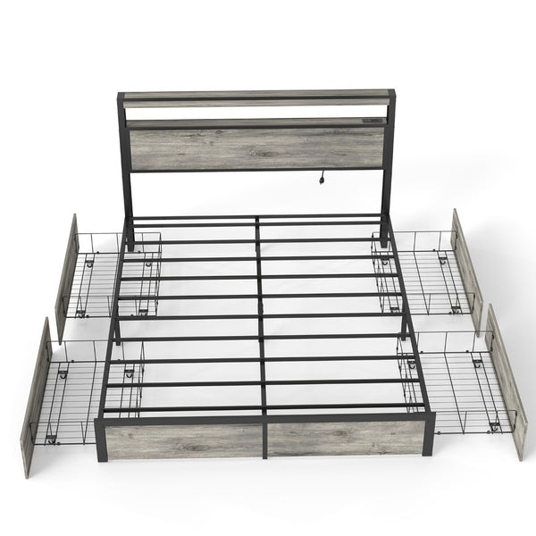 English Elm Queen Metal Platform Bed with Rgb Led Headboard Charging Station and Underbed Storage T3963P482868