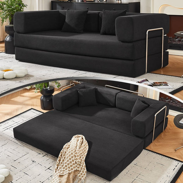 English Elm Convertible Corduroy Floor Sofa with Folding Sleeper and Bolster Pillow for Apartments Black W5638P460678