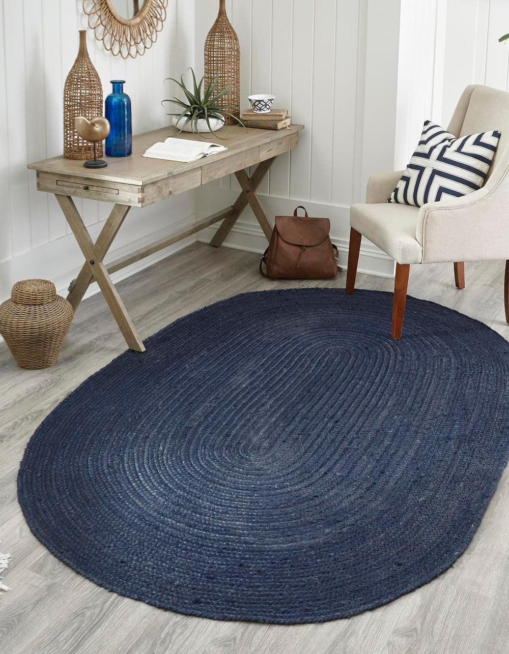 Unique Loom Braided Jute Dhaka Hand Woven Solid Rug Navy Blue,  7' 10" x 10' 0"