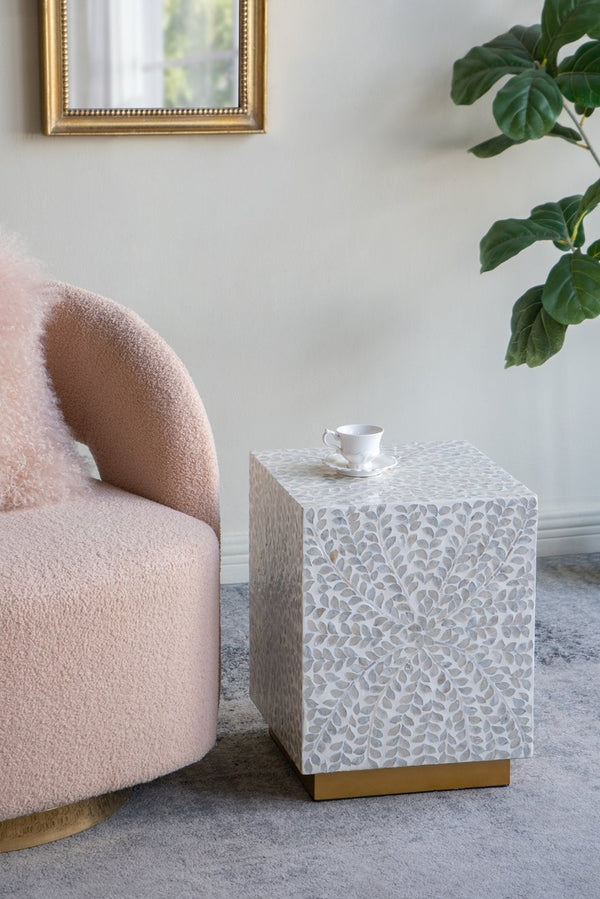 English Elm 14x14x18" Capiz Stool with Ogee Pattern and Brass Base — Modern Geometric Accent Seat for Living Spaces Cream White,Gold W2078P326594