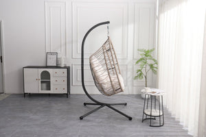 English Elm Outdoor Egg-shaped Hanging Chair with Stand — Beige Gray+White HDPE Cushions, 350lb Sturdy Frame W2500P290032