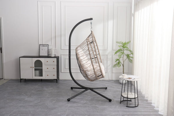 English Elm Outdoor Egg-shaped Hanging Chair with Stand — Beige Gray+White HDPE Cushions, 350lb Sturdy Frame W2500P290032
