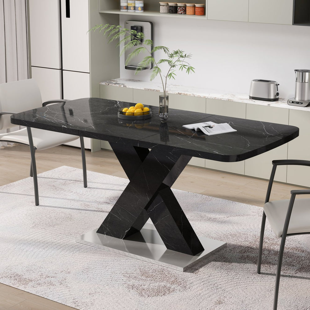 English Elm Modern Rectangle Dining Table - Stretchable Black Marble Top With X-Shape Mdf Legs & Metal Base W757P242762