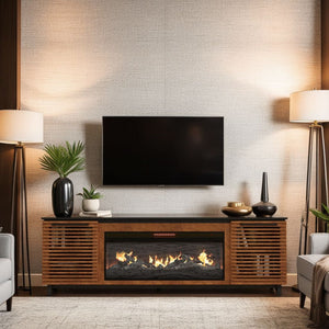 English Elm 86 Inch Electric Fireplace TV Stand Console for TVs up to 95", Two-Tone Bourbon & Black, Storage & Remote Controlled Heat B108P160228