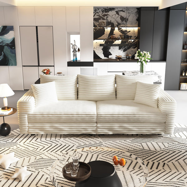 English Elm 82.7 Plush Corduroy 3-Seat Sofa – Modern Deep Seat Convertible Cloud Couch with Foam Pillows Beige+White W1885S00141