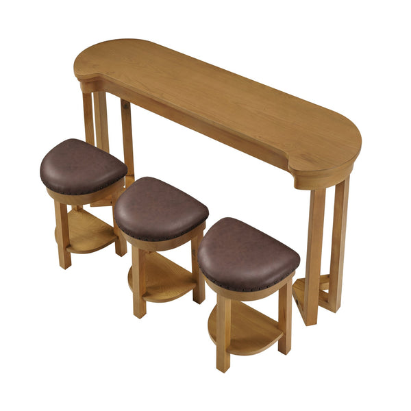 English Elm 4 Piece Bar Table Set with 3 Padded PU Stools, Solid Pine Legs, Oak Veneer Top, Rustic Rivet Accents Natural W1202P289364