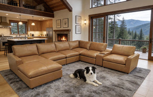 English Elm Leather Match Modular Sectional with Built-in Console for Open Concept Living Rooms Ginger B2748S00167