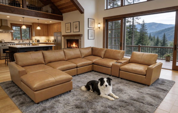 English Elm Leather Match Modular Sectional with Built-in Console for Open Concept Living Rooms Ginger B2748S00167