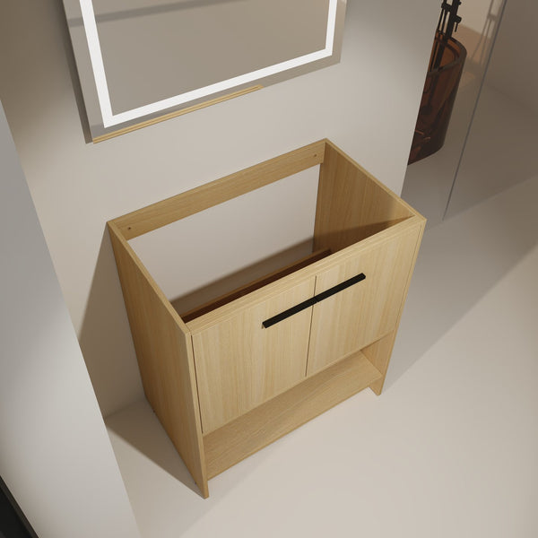 English Elm 30" Freestanding Bathroom Vanity Cabinet with 2 Doors, Integrated Basin & Open Shelf, Modern Ergonomic Design Oak W1972P268398