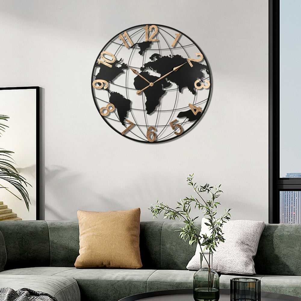 English Elm 36 Inch Large Black Metal Wall Clock - Modern Silent World Map Design With Vintage Gold Numerals W1445P249305
