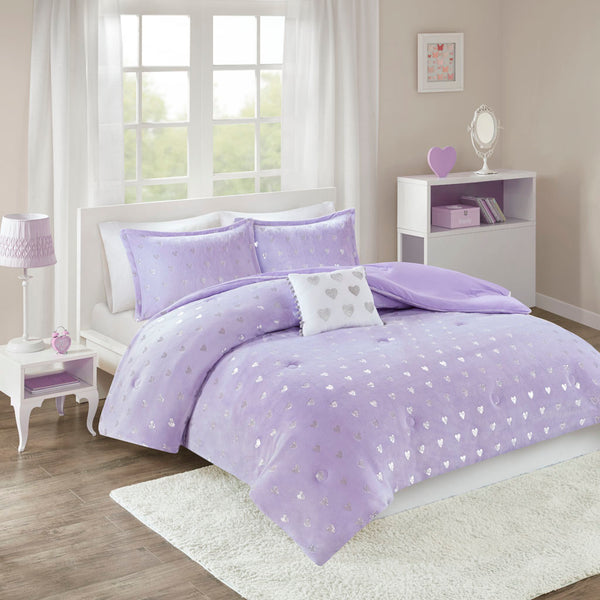 JLA Home Mi Zone - Metallic Rosalie Plush Comforter Set with Shimmer Heart Print, OEKO-TEX Certified Cozy Luxury Purple/Silver MZ10-0574