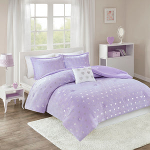 JLA Home Mi Zone - Metallic Rosalie Plush Comforter Set with Shimmer Heart Print, OEKO-TEX Certified Cozy Luxe Purple/Silver MZ10-0573