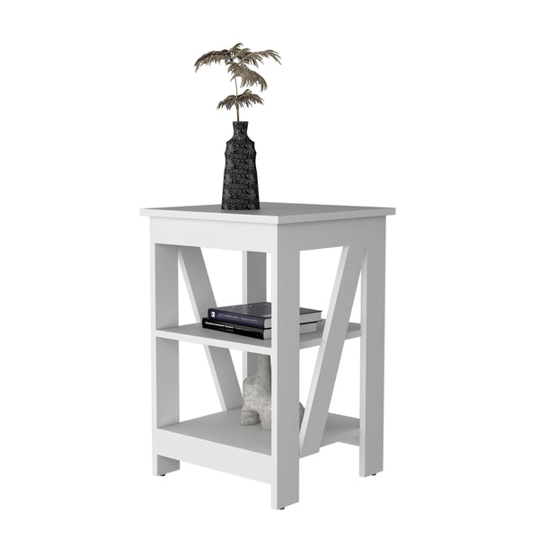 English Elm White Engineered Wood Side Table with 2 Shelves, Modern Compact Accent Table for Living Room Decor B062P193655