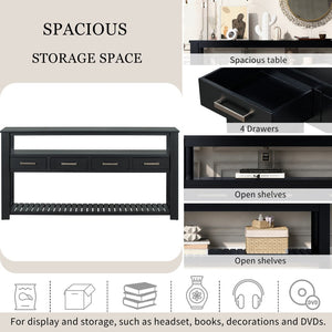 English Elm U_style Wide Painted Console Table Four Drawers Open Shelves Foyer Living Room Black N711P410406B