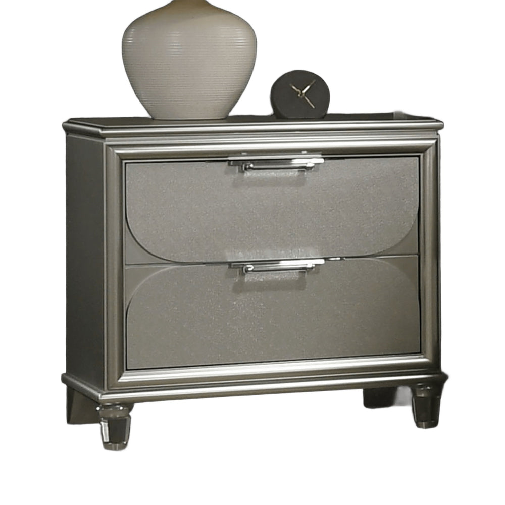 English Elm Contemporary Glam Nightstand with Acrylic Handles and Embossed Panels, Felt-Lined Drawer, Dovetailed Craftsmanship Silver 33 L x 21 W x 28 H B2741P351978