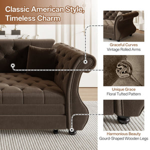 English Elm 83.8" Chesterfield Sleeper Sofa Velvet Upholstered with Flower Tufting for Living Room Brown W1885S00402