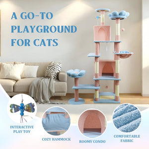 English Elm 71 Inch Floral Cat Tower with Condo Hammock Sisal Posts and Plush Perches for Large Breeds Blue W243P326628