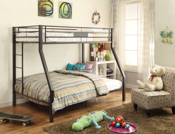 English Elm Limbra Sandy Finish Twin XL/Queen Bunk Bed with Metal Frame, Built-In Ladder, Full Guard Rail Durable Brown 56 L x 19 W x 4 H B2726S00341