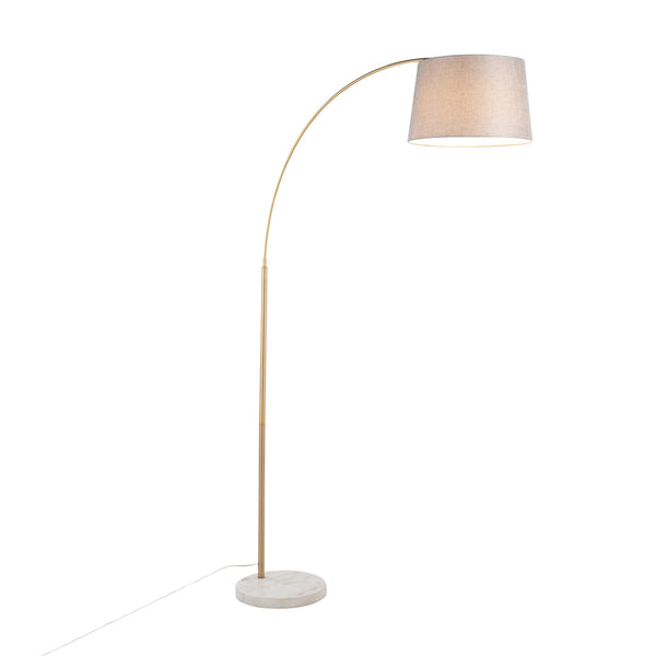 English Elm March Contemporary Floor Lamp - Elegant White Marble Base, Antique Brass Arc & Grey Linen Shade B202S01371