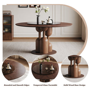 English Elm 59-inch Solid Oak Live Edge Round Dining Table Wabi-sabi Style Seats 8 with Glass Lazy Susan W2700S00135