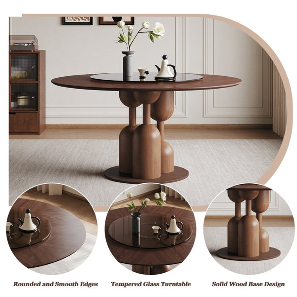 English Elm 59-inch Solid Oak Live Edge Round Dining Table Wabi-sabi Style Seats 8 with Glass Lazy Susan W2700S00135