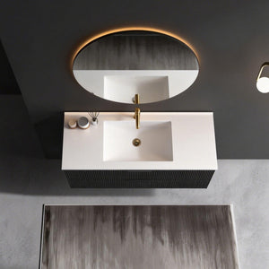 English Elm 48 Inch Floating Bathroom Vanity Fluted Matte Black with Ceramic Sink and Soft Close Drawers W3520S00040