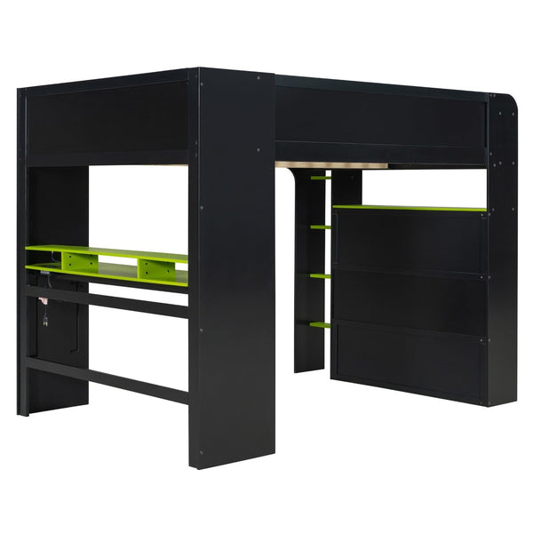 English Elm Full Size Gaming Bunk Bed with Rgb Lighting Integrated Desk Wardrobe and Storage Green LT100266AAG