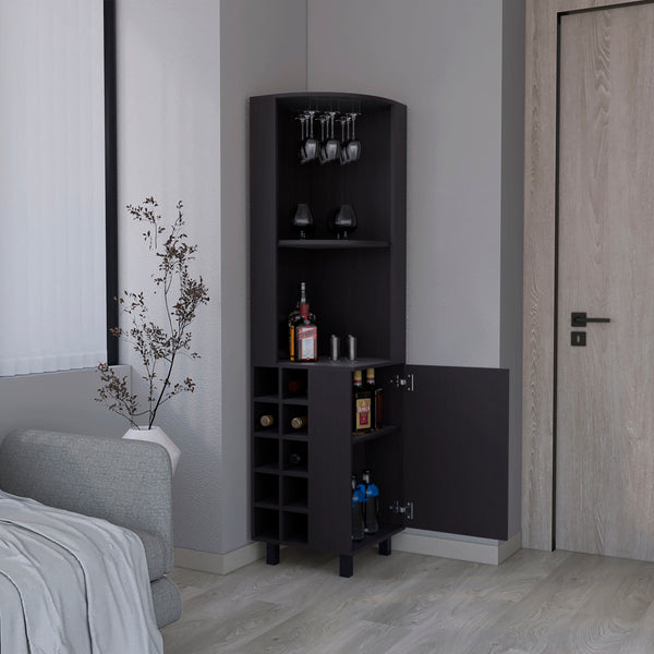 English Elm Corner Bar Cabinet with Ten Built-In Wine Slots, Cup Rack & Spacious Top Shelf for Entertaining Black 44.88 L x 22.05 W x 4.72 H B097S00192