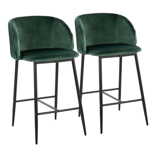 English Elm Fran Pleated Counter Stool Set Of 2 - Luxurious Green Velvet & Sturdy Black Metal For Modern Spaces B202S00274