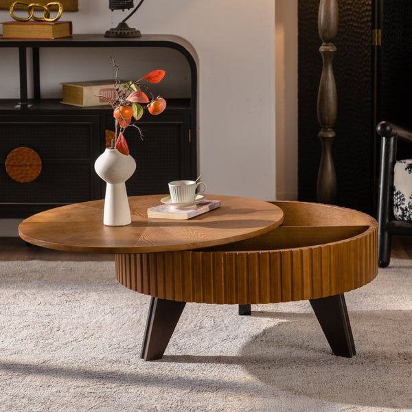 English Elm 31.5" Round Mid-century Coffee Table with Lower Shelf Solid Wood Legs and Mdf Top Natural W757P370290