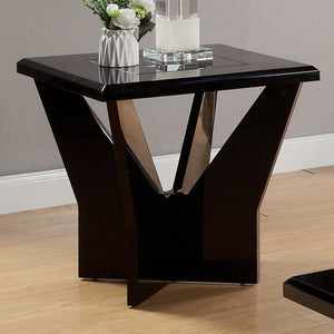 English Elm Contemporary High Gloss End Table with Black Tempered Glass & Geometric Metal Base, Modern Accent Piece B2741P360139