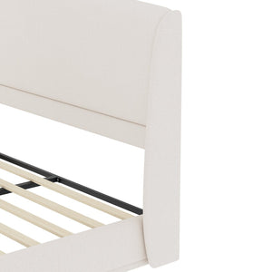 English Elm Upholstered Queen Platform Bed Curved Wingback Linen Headboard Modern Bedroom Frame Beige N733S439498A