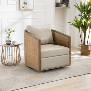 English Elm Swivel Barrel Chair Faux Leather Rattan Accent Seat with 360 Base for Living Room W395102741