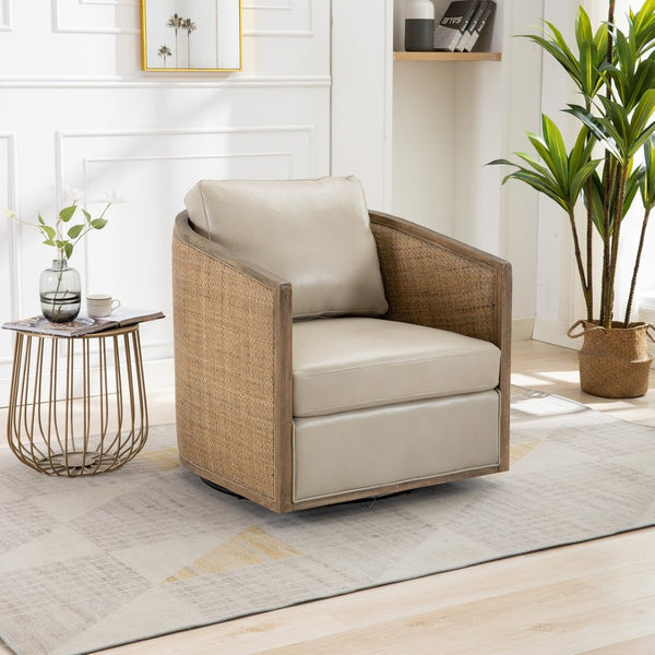 English Elm Swivel Barrel Chair Faux Leather Rattan Accent Seat with 360 Base for Living Room W395102741