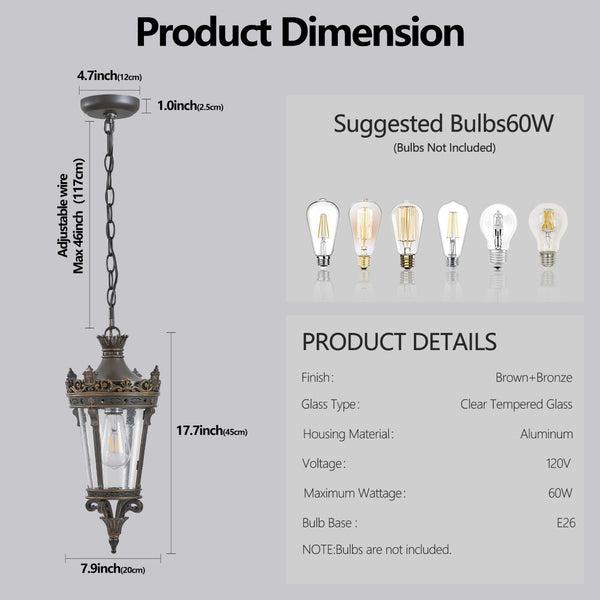 English Elm 18"(h) Crown Top Cast Aluminum Pendant Lantern Clear Glass Vintage Outdoor Porch Light W1340P209951