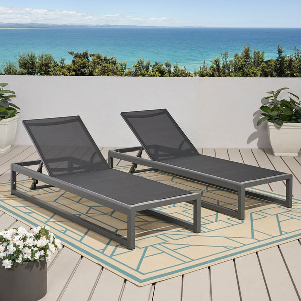 English Elm Christopher Knight Home® - MODESTA Chaise Lounge Set with Rust‑Resistant Aluminum Frame, Breathable Mesh, 5‑Position Adjustable Comfort Black+Grey 62397.00BLKMP2
