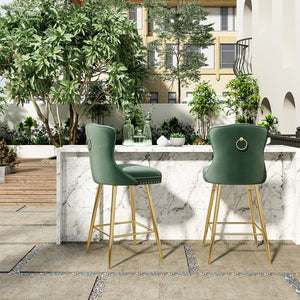 English Elm Bar Stools Set Of 2 - Elegant Green Velvet Wing-Back Chairs With Gold Metal Legs For Modern Dining T3623P363070