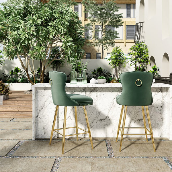 English Elm Bar Stools Set Of 2 - Elegant Green Velvet Wing-Back Chairs With Gold Metal Legs For Modern Dining T3623P363070