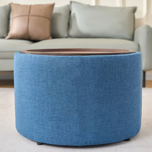 English Elm Ball Cast Round Nesting Ottoman Set Linen Upholstered Hidden Storage with Wooden Tray Blue W3163P379374
