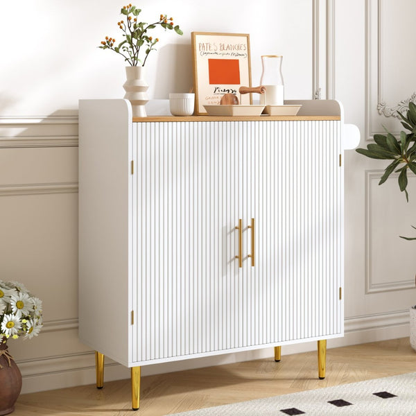 English Elm Modern Fluted Bar Cabinet with Wine Rack Glass Holders Adjustable Shelving and Hidden Drawer White N728P438606W