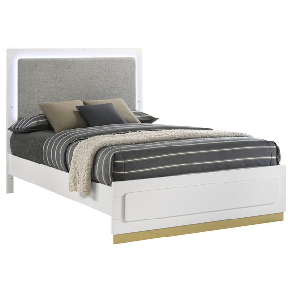 English Elm Sophia Queen Bed with LED Panel Headboard, White Okume Veneer, Light Grey Fabric, Modern Chic Design B062S00612
