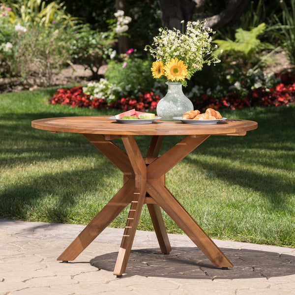 English Elm Christopher Knight Home® - Outdoor Acacia Wood Round Dining Table with Slatted Top and Cross Base, Teak Finish, Seats 4 Stylishly N768P238585T