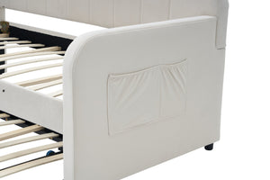 English Elm Twin Upholstered Daybed with Trundle Sofa Bed for Guest Room, Pine Wood Frame, Velvet Upholstery, Sturdy Slat Support and Full-Length Comfort Beige W1361S00020