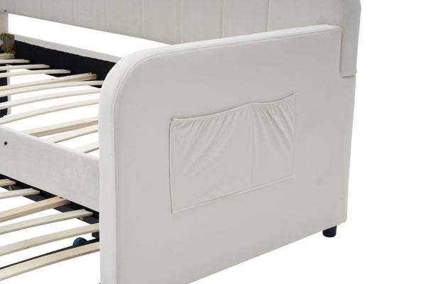 English Elm Twin Upholstered Daybed with Trundle Sofa Bed for Guest Room, Pine Wood Frame, Velvet Upholstery, Sturdy Slat Support and Full-Length Comfort Beige W1361S00020