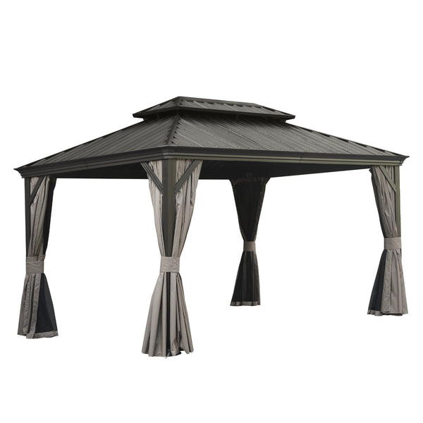 English Elm 10' X 14' Hardtop Gazebo - Durable Metal Shelter With Drainage, Curtains, And Insect Netting For Outdoor Fun W1859S00136